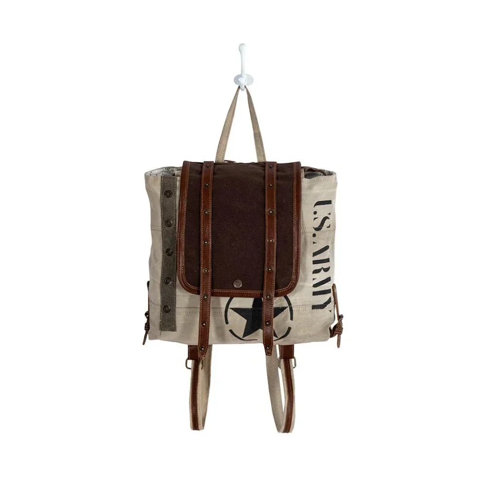 Myra Bag Handmade Army Backpack Upcycled Canvas & Cowhide Leather - Picture 6 of 10